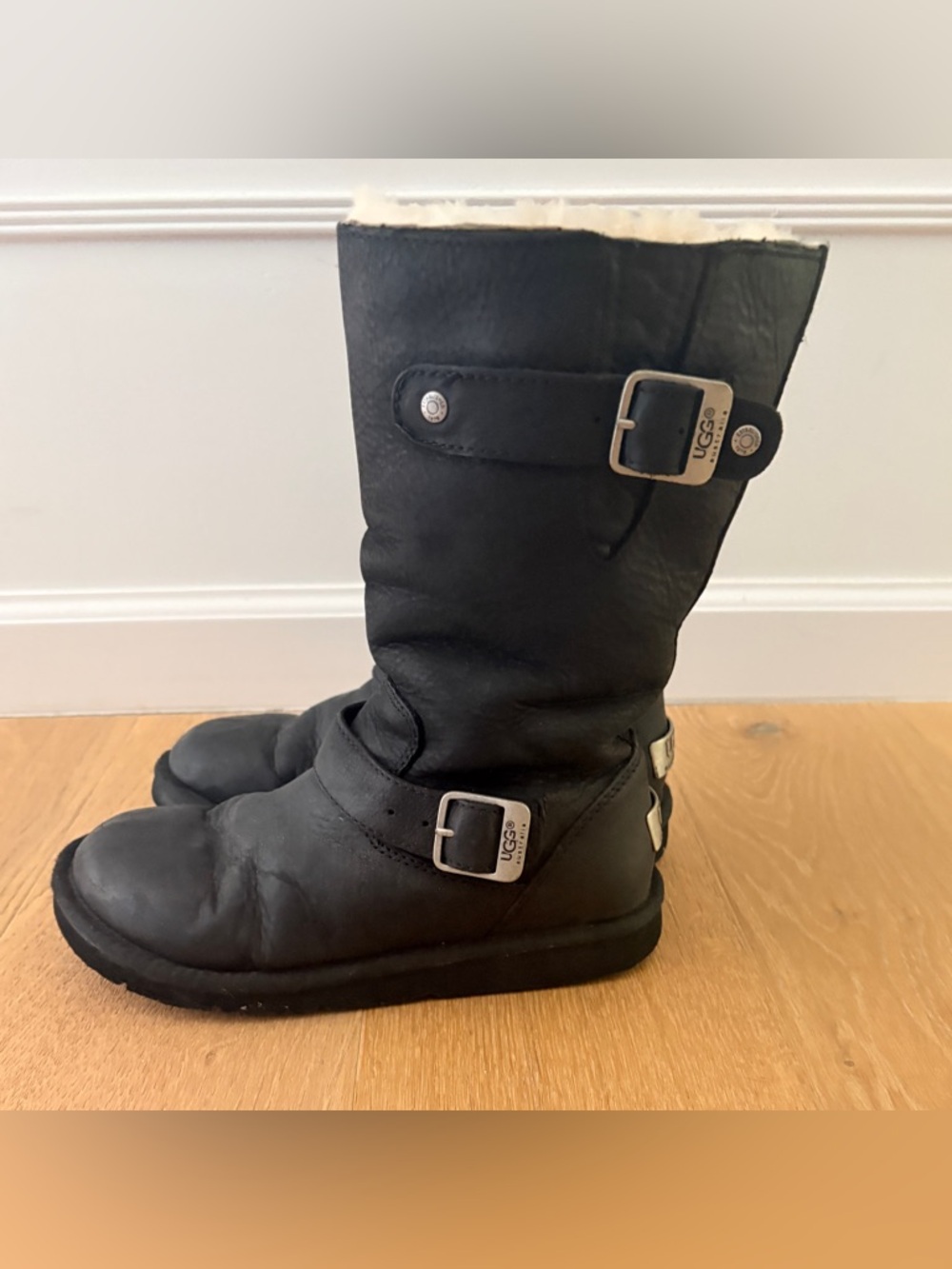 UGG Motorcycle Black Shearling-Lined Mid-Calf Boots